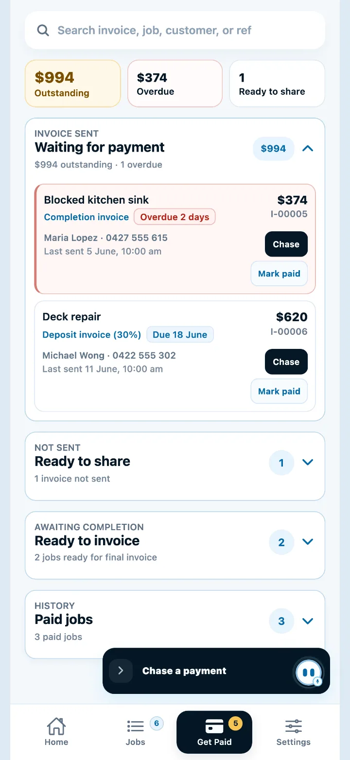 TradieCue Get Paid screen with payment follow-ups