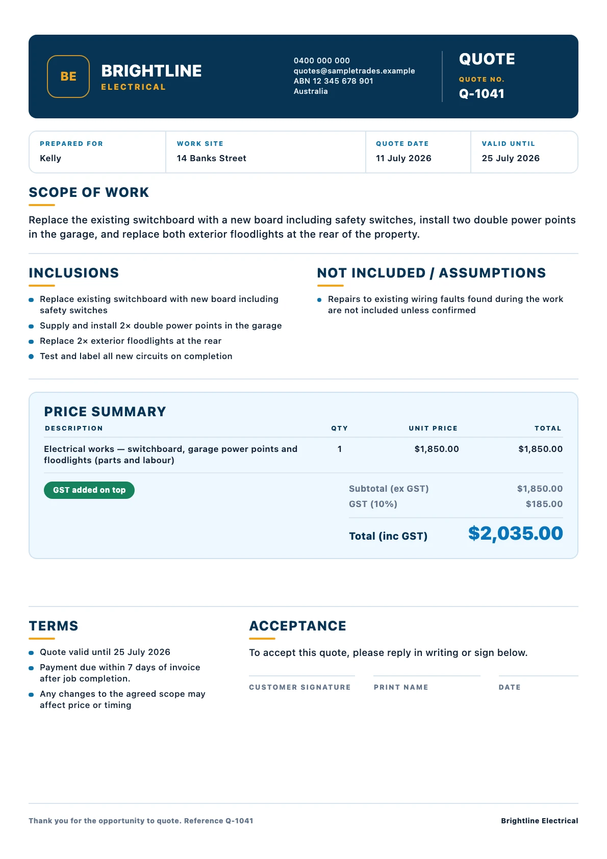 Quote PDF produced by TradieCue for the spoken note: switchboard upgrade, garage power points and floodlights at 14 Banks Street — subtotal $1,850, GST $185, total $2,035 inc. GST, with scope, inclusions, exclusions, terms and a customer acceptance section